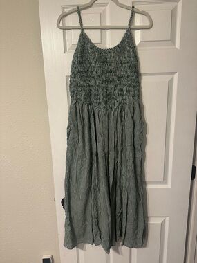 aerie Green Gingham Smocked Maxi Dress with Spaghetti Straps